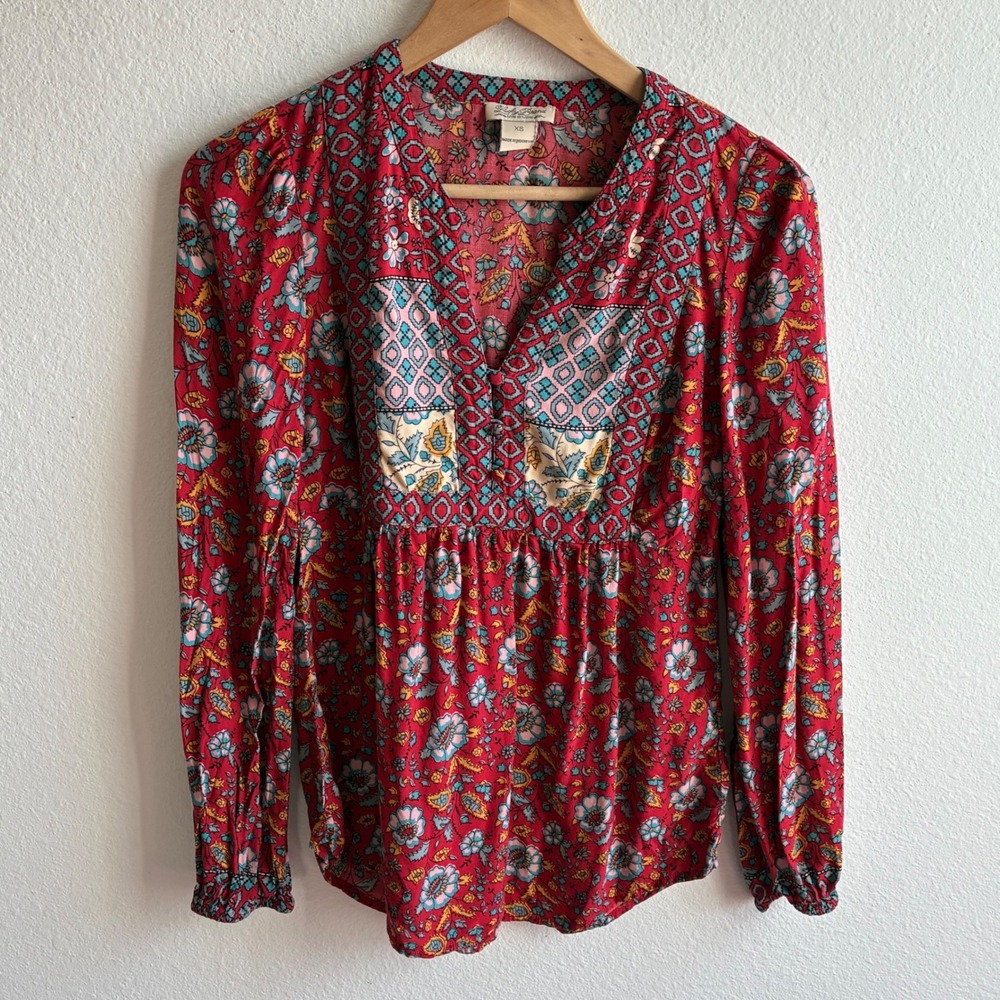 Lucky Brand Blouse Womens XS Red Floral Peasant Boho Babydoll Mixed Print Top